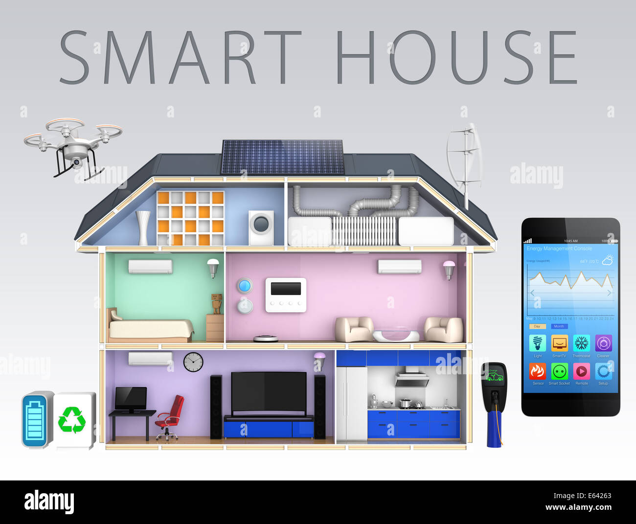 Smart house with energy efficient appliances, monitoring by smart phone. Stock Photo