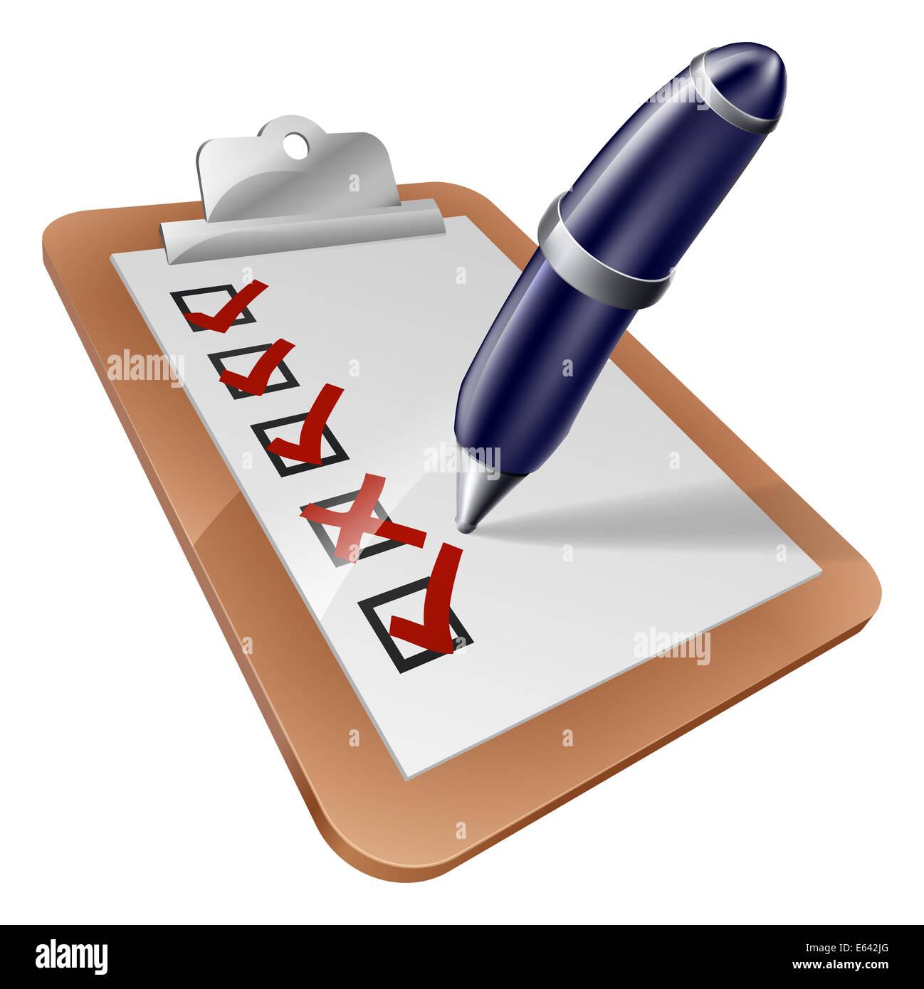 An illustration of a pen writing on clip board or completing a survey Stock Photo