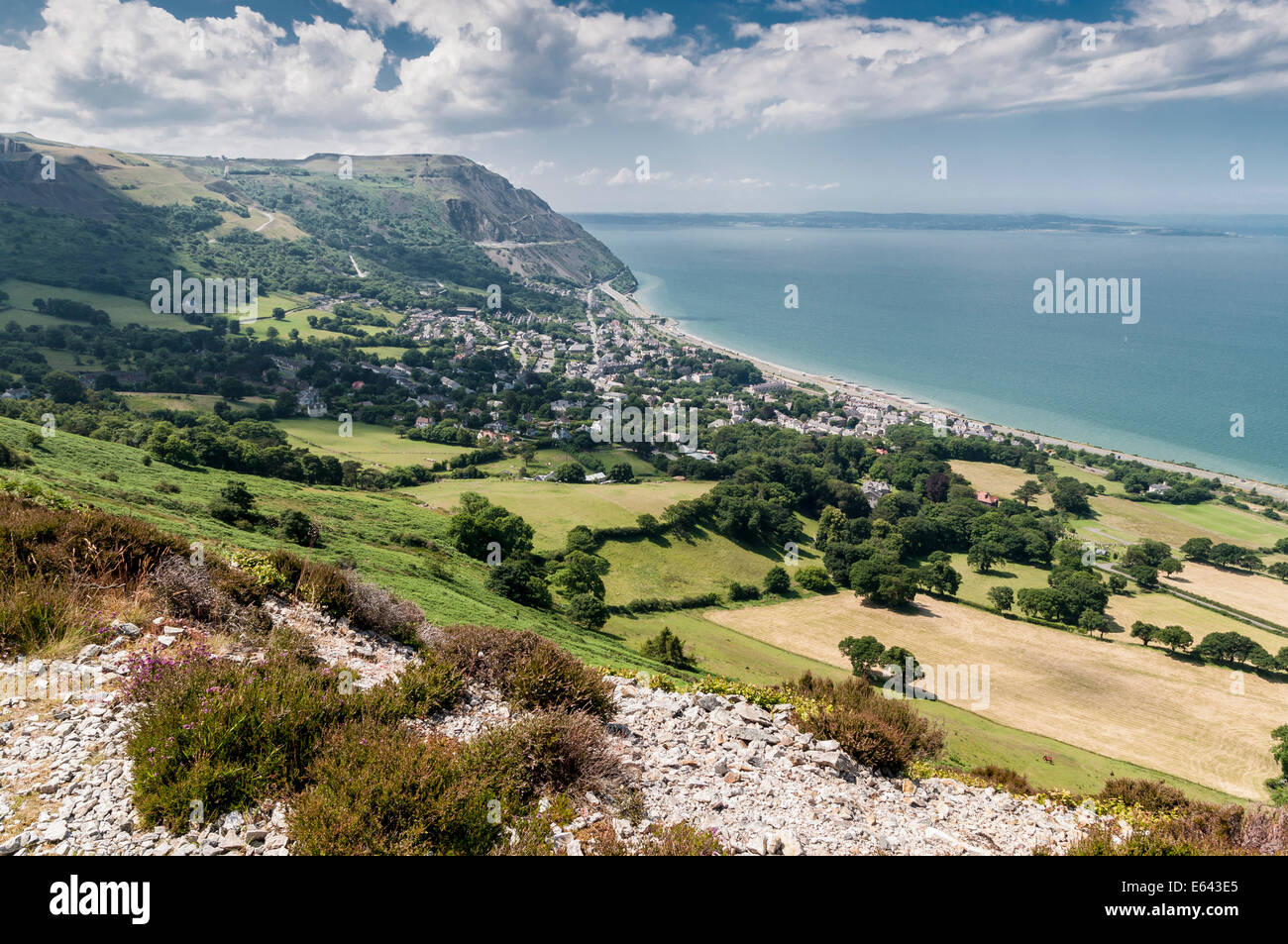 View from the Jubilee path on Foel Lus Looking down towards Penmaenmawr on the North Wales coast Stock Photo