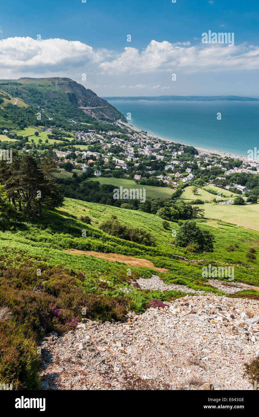 View from the Jubilee path on Foel Lus Looking down towards Penmaenmawr on the North Wales coast Stock Photo