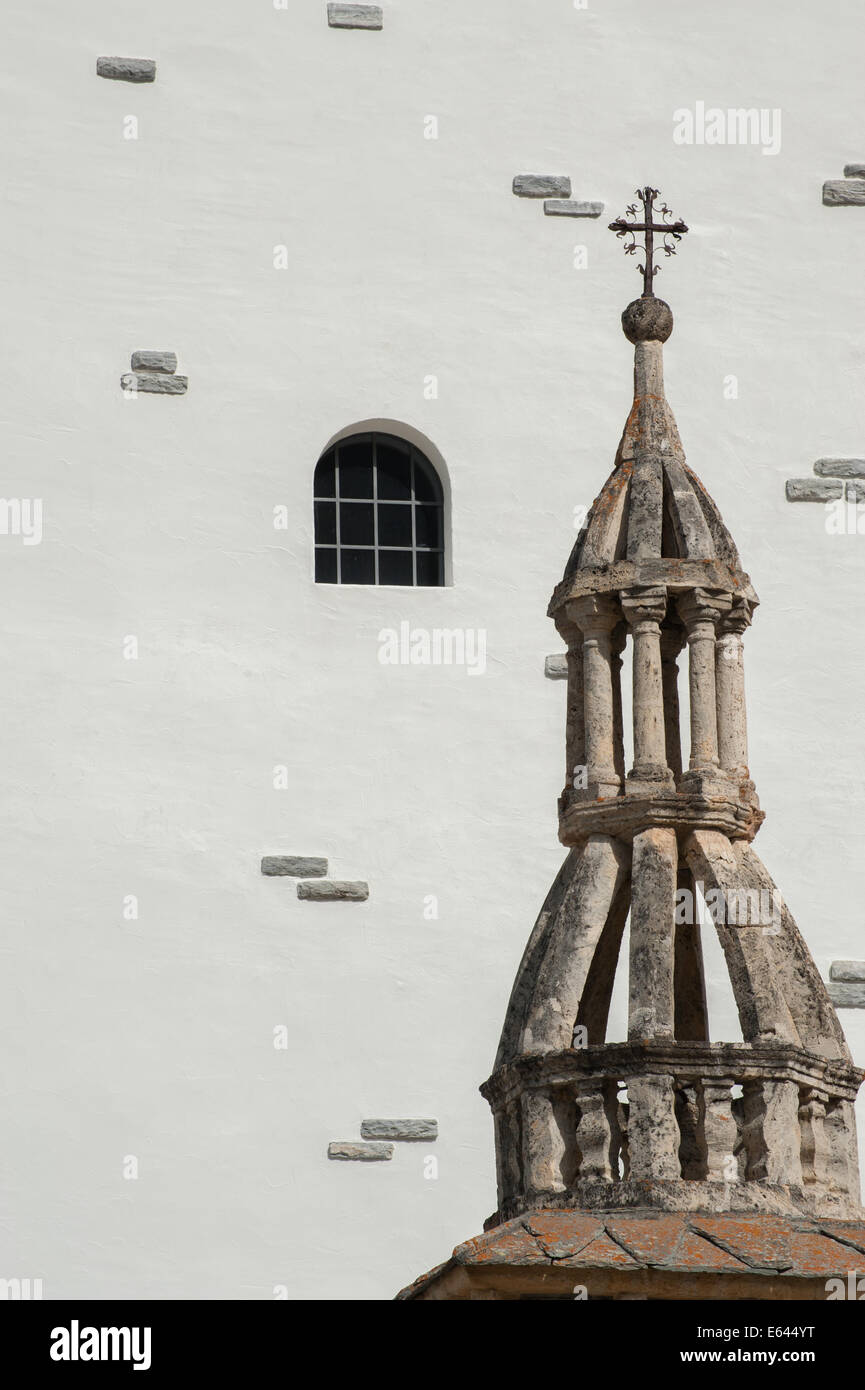 Interesting spire of a catholic church is the Swiss Alpine village of Saas-Ground, in the Saas valley Stock Photo