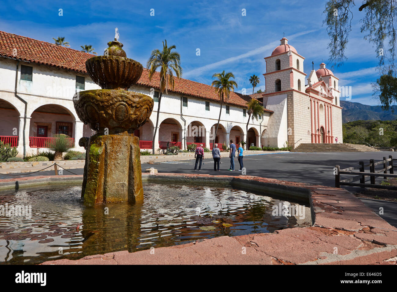 Water fountain in front of the Mission Santa Barbara. Santa Barbara, California, USA. Stock Photo