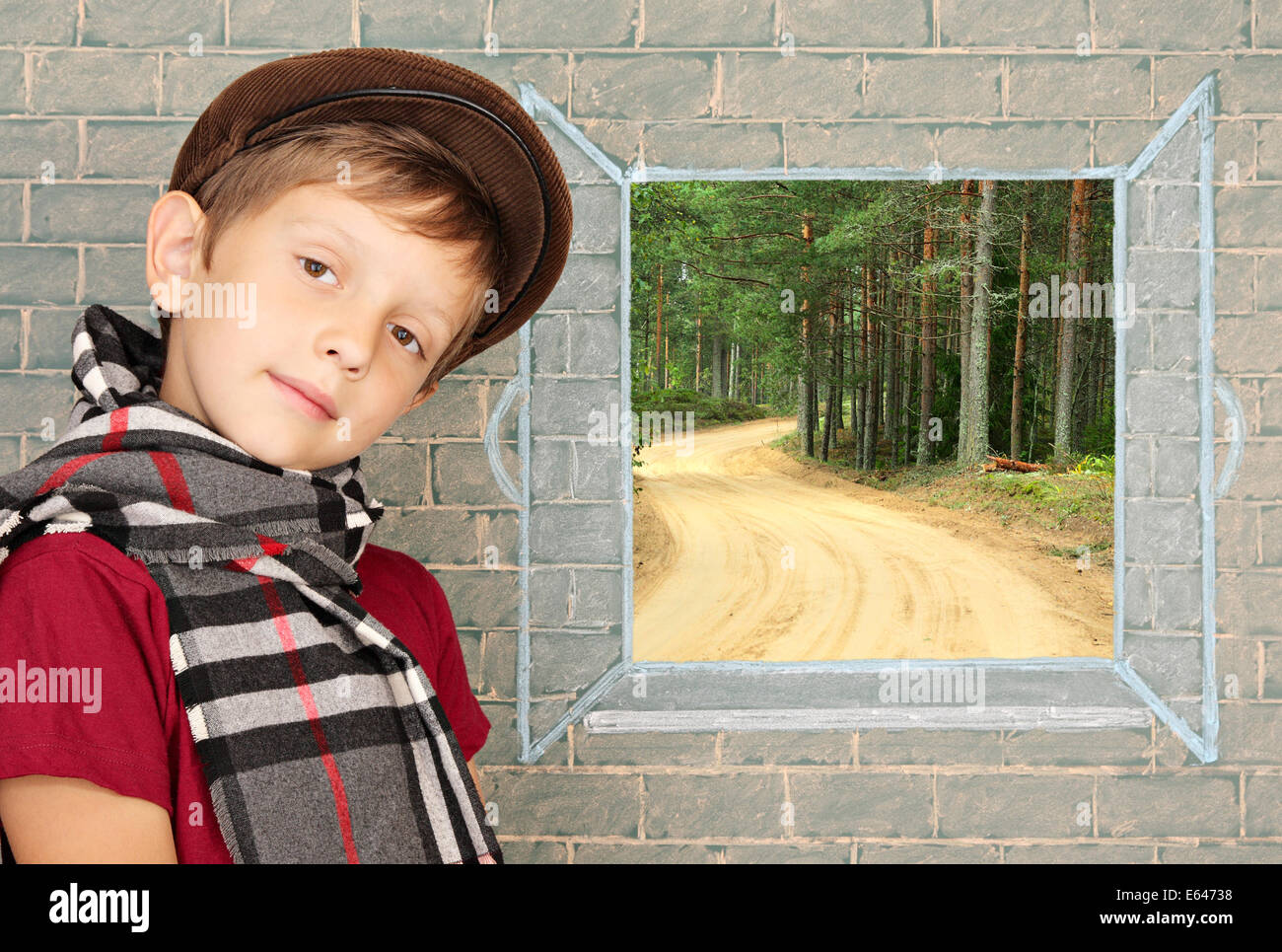 Schoolboy before the open window Stock Photo