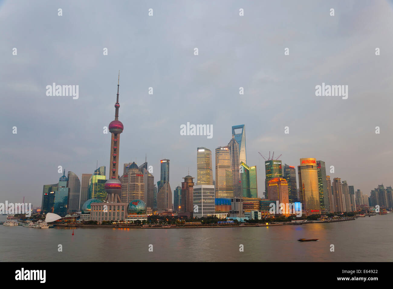 Barges and Pudong skyline, Shanghai, China Stock Photo