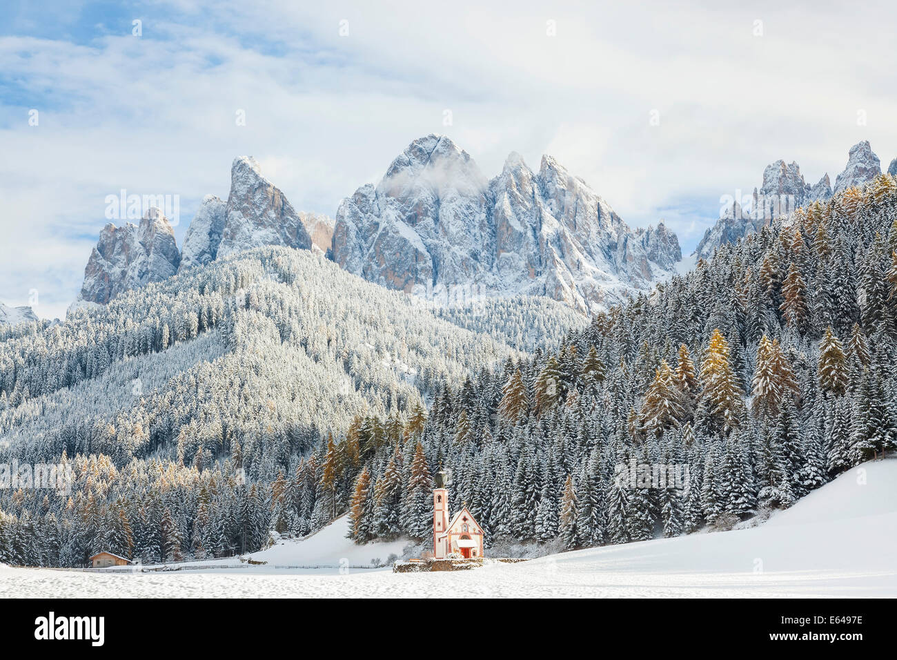 Snow, winter, St Johann Church, Val di Funes, Dolomites, Italy Stock Photo