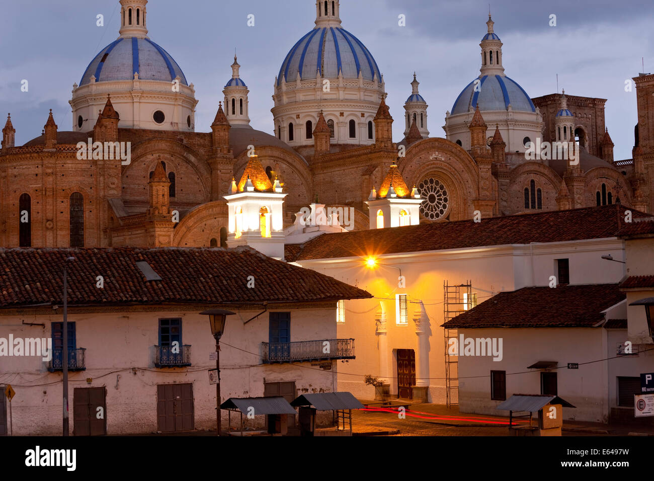 Cathedral of the Immaculate Conception, built in 1885, at dusk, Cuenca, Ecuador Stock Photo