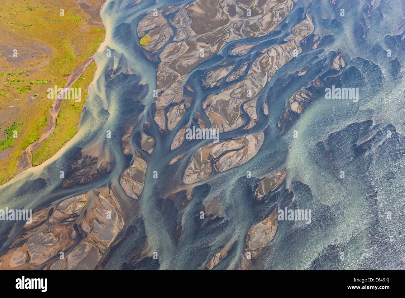 Aerial view of Hosa river coloured by glacial melt, SW Iceland Stock Photo