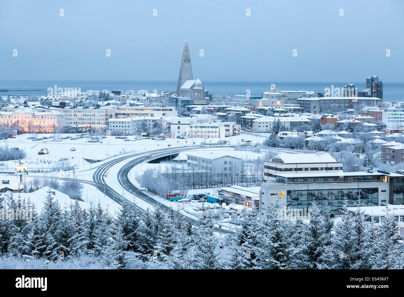 View over Reykjavik in winter, Iceland Stock Photo