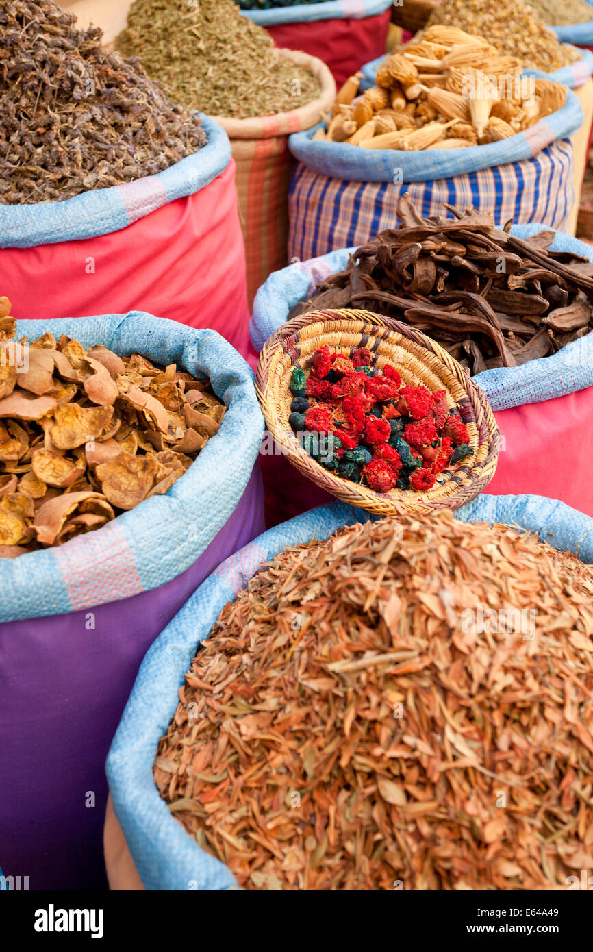 Dried flowers, & herbs, Spice Market in the souk - Rahba Kedima in Marrakech Stock Photo