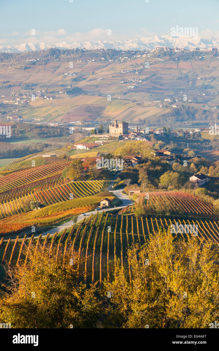 Vineyards & castle; Grinzane Cavour; Cuneo district; Langhe; nr Alba; Langhe; Piedmont (or Piemonte or Piedmonte); Italy Stock Photo