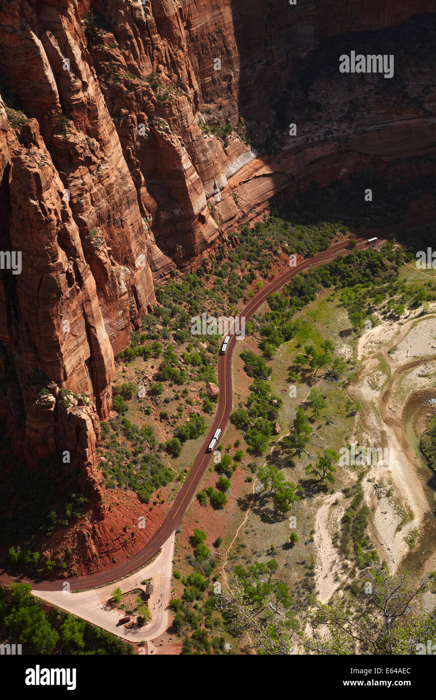 Zion Canyon, Virgin River and shuttle buses on Zion Canyon Scenic Drive at Big Bend, seen from Angels Landing track, Zion Nation Stock Photo