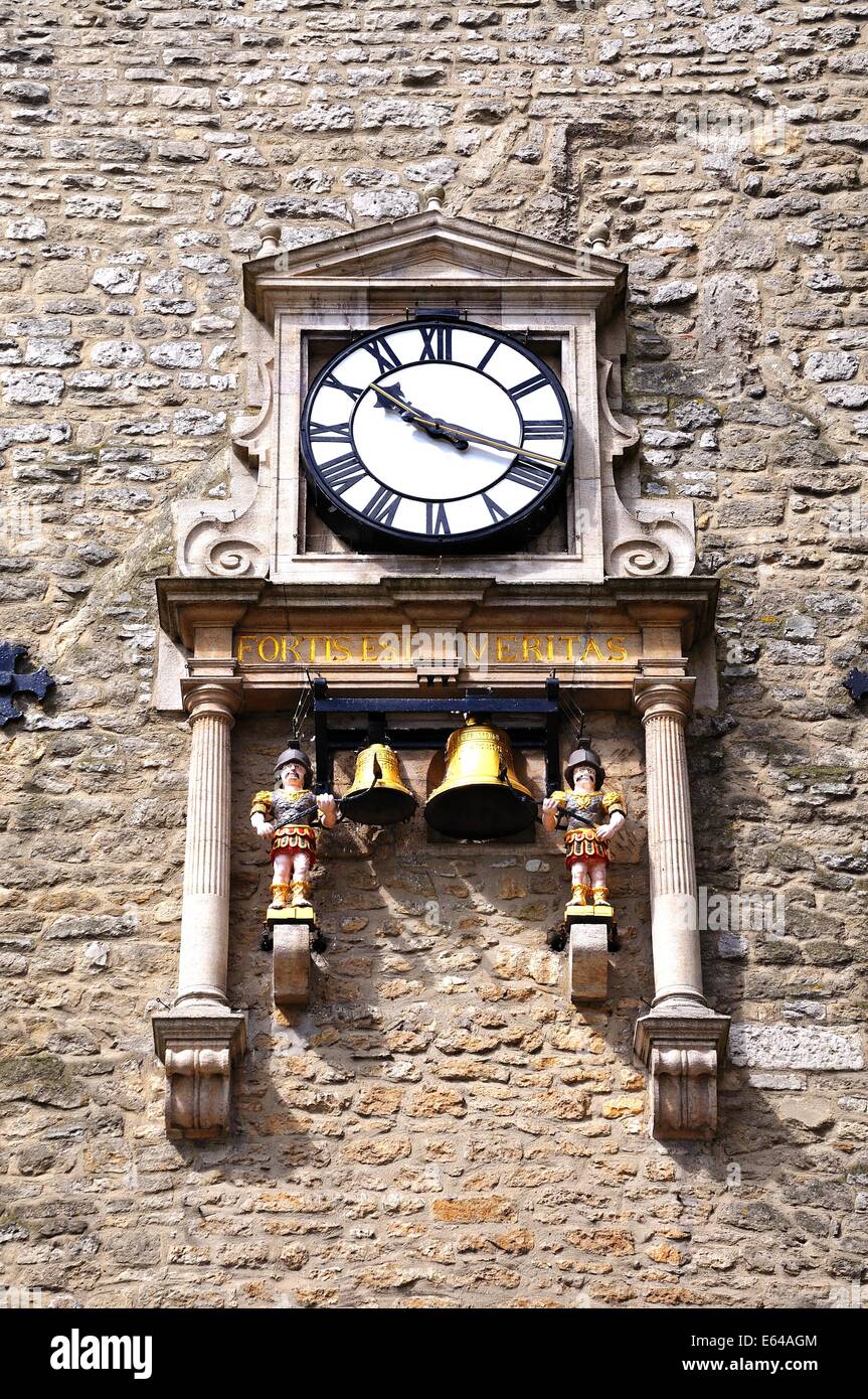 Close up of the clock and the quarterboys on Carfax Tower, Oxford, Oxfordshire, England, UK, Western Europe. Stock Photo