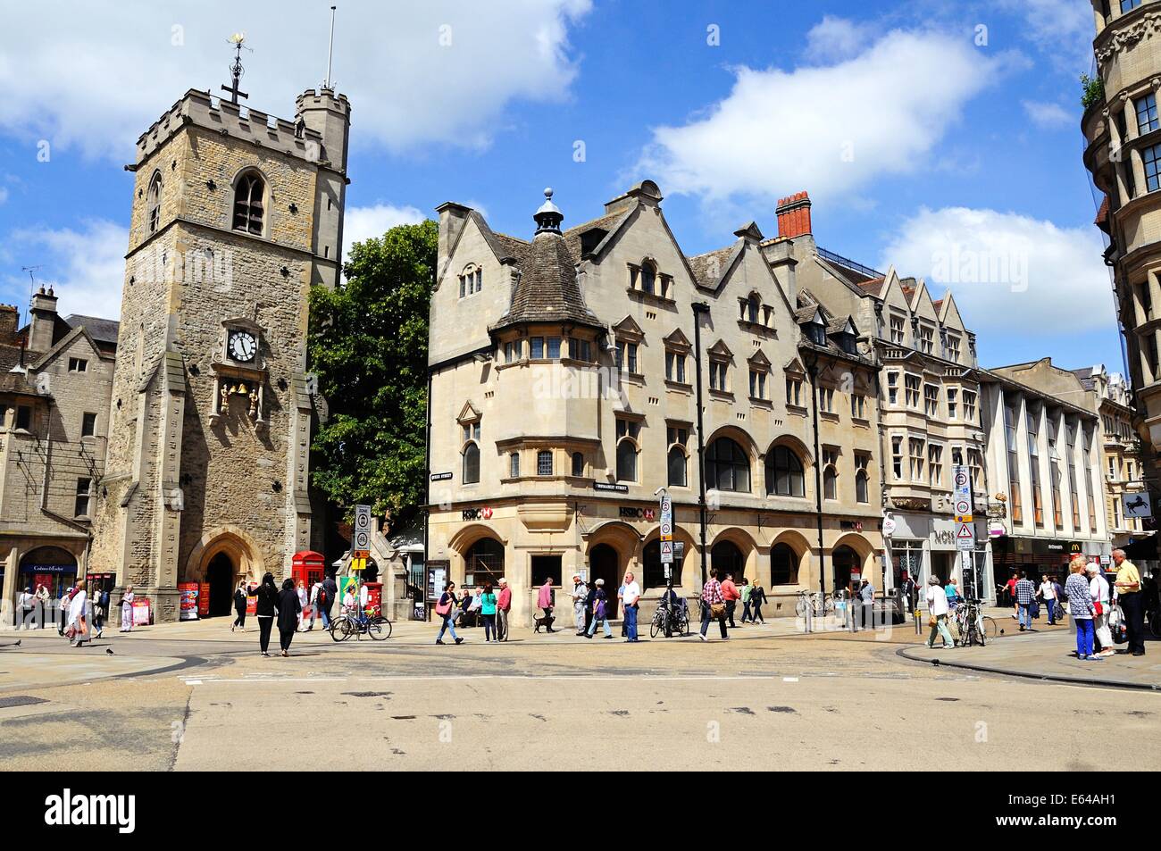 Carfax tower on the corner of St. Aldates, Cornmarket Street, High Street and Queen Street, Oxford, Oxfordshire, England, UK. Stock Photo