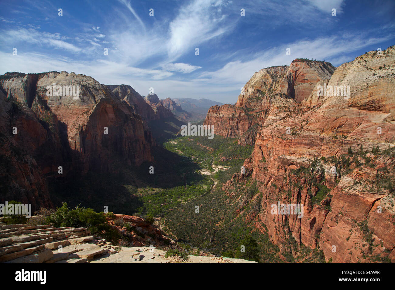 Looking down on Zion Canyon, Virgin River and Zion Canyon Scenic Drive