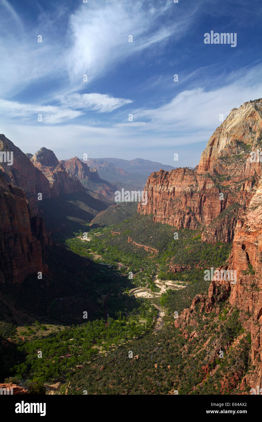 Looking down on Zion Canyon, Virgin River and Zion Canyon Scenic Drive