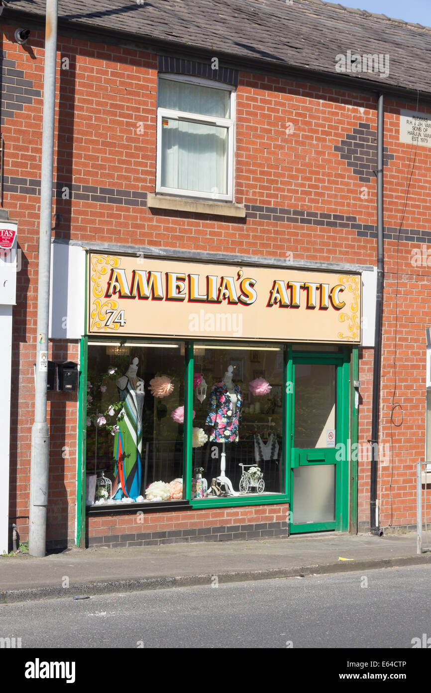 Amelia's Attic, a small, newly opened, women's clothes and fashion accessories shop on Egerton Street, Farnworth, Lancashire. Stock Photo