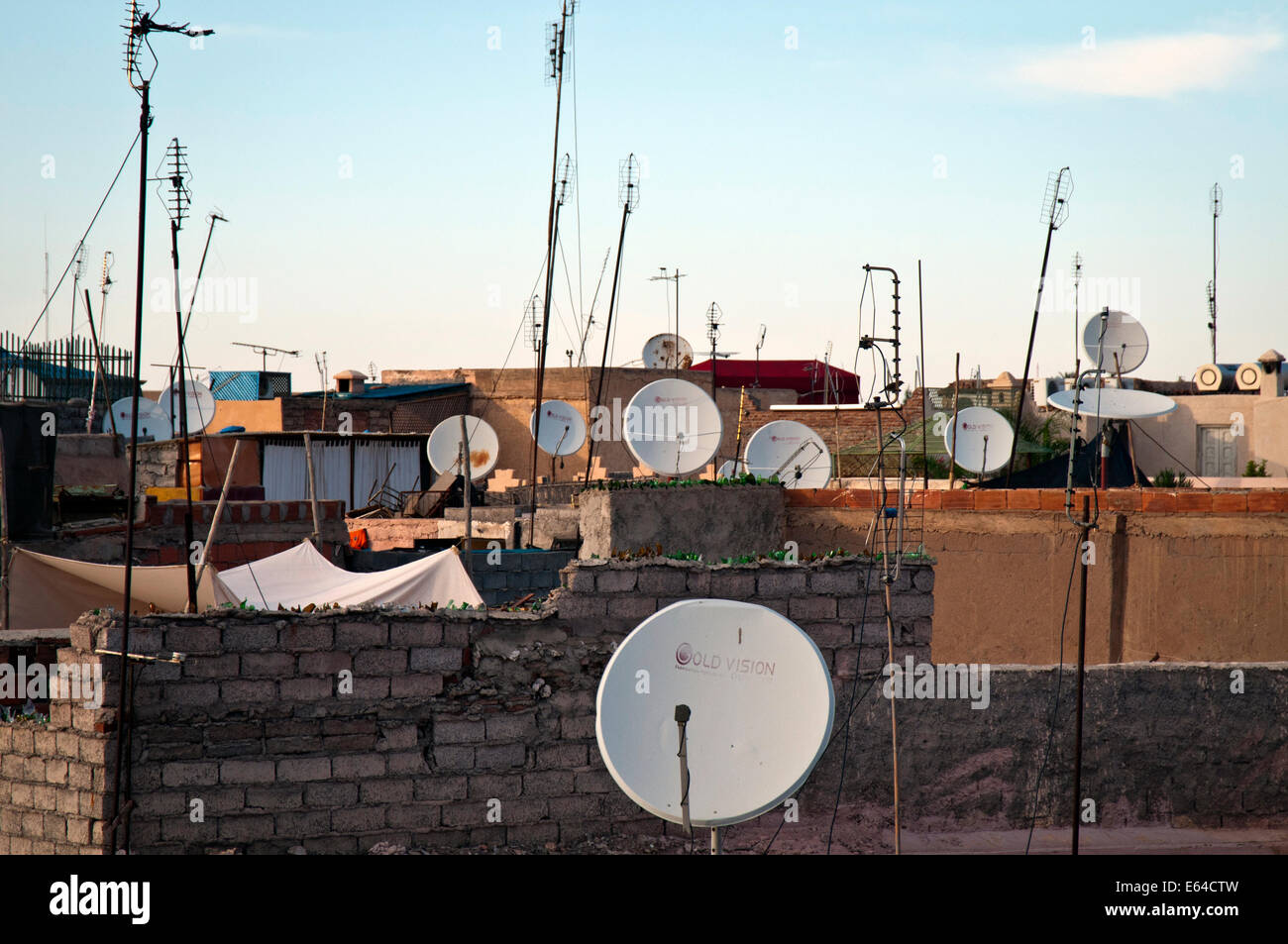 Satellite dishes and antennae on the rooftop of houses in Marrakesh, Morocco, North Africa Stock Photo