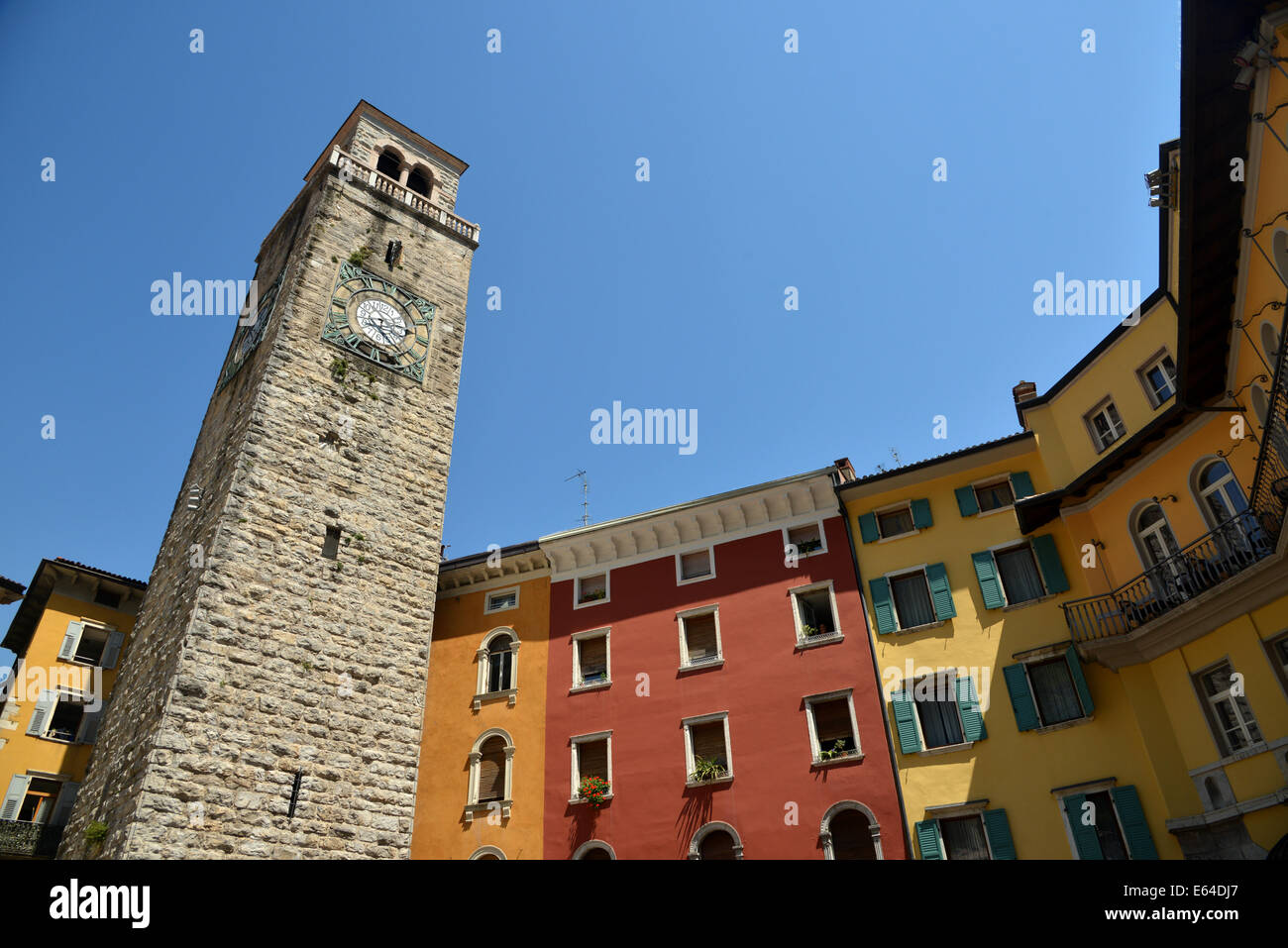 The Torre Apponale, 13th Century clock tower on Piazza III Novembre in Riva Del Garda at the waters edge of Lake Garda, Italy Stock Photo