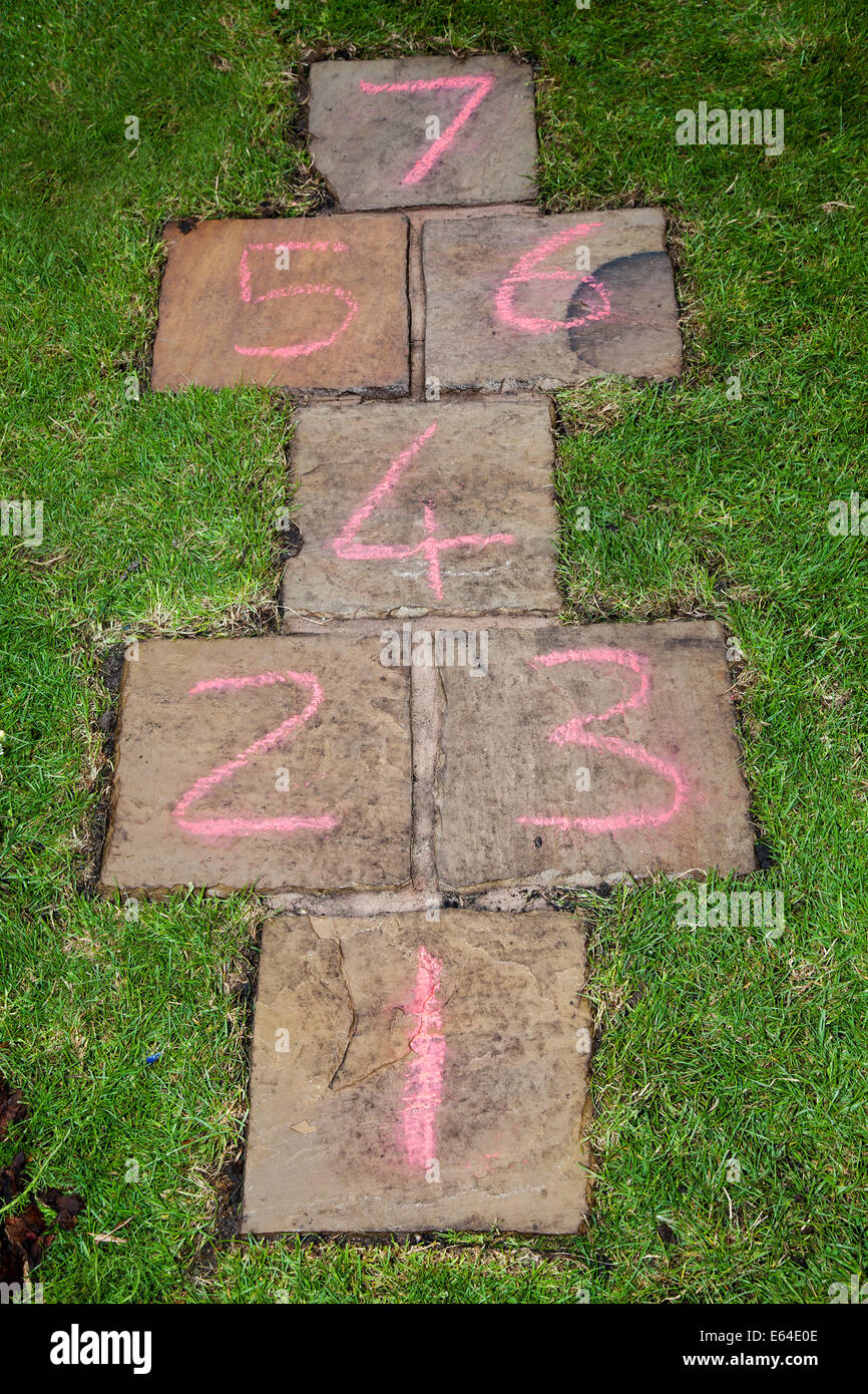 The traditional game of hopscotch, playground markings numbers  stone flags with numbers, Children's hopscotch board street games, UK Stock Photo