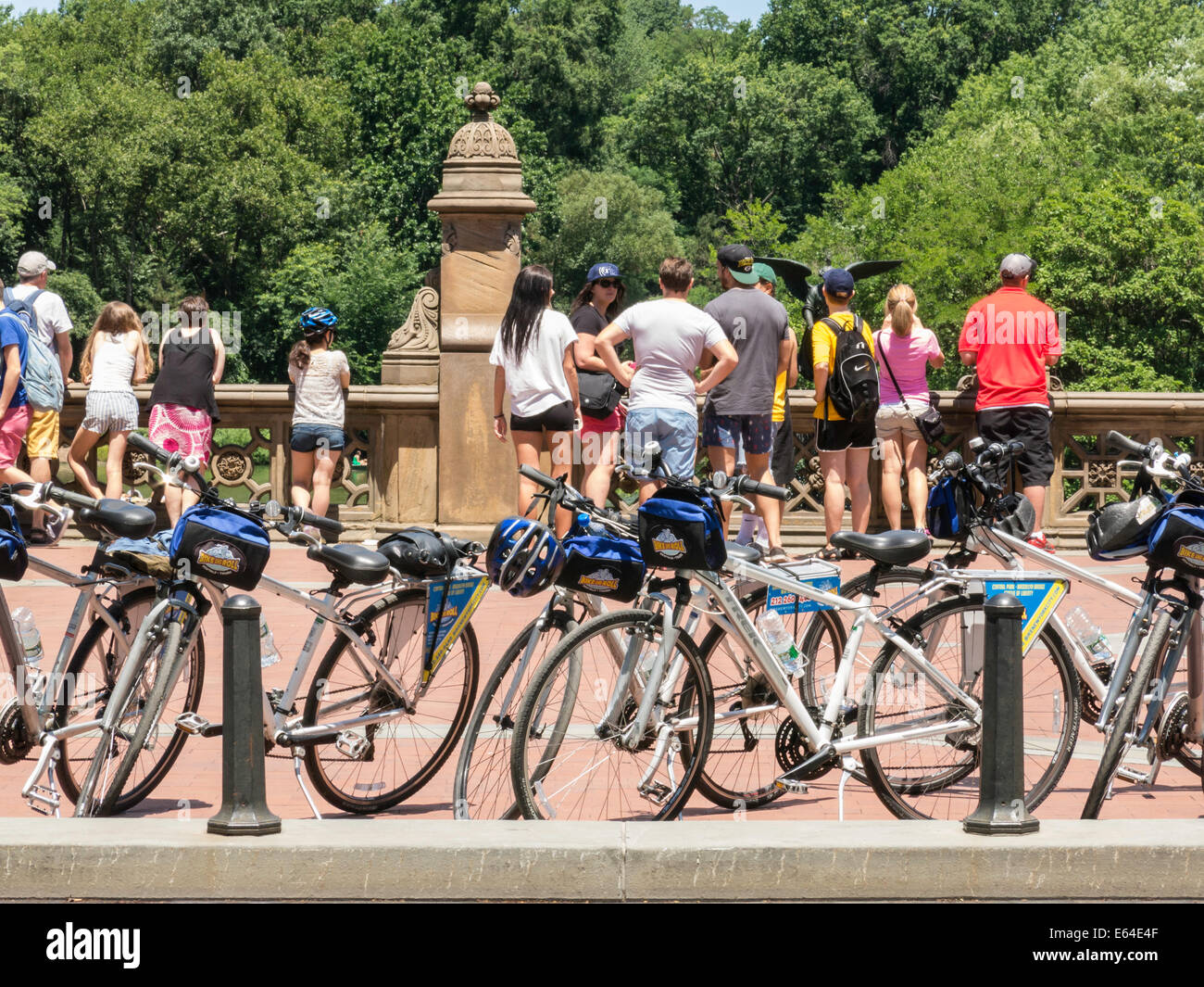Tourists and Bikes at Bethesda Terrace, Central Park, NYC Stock Photo