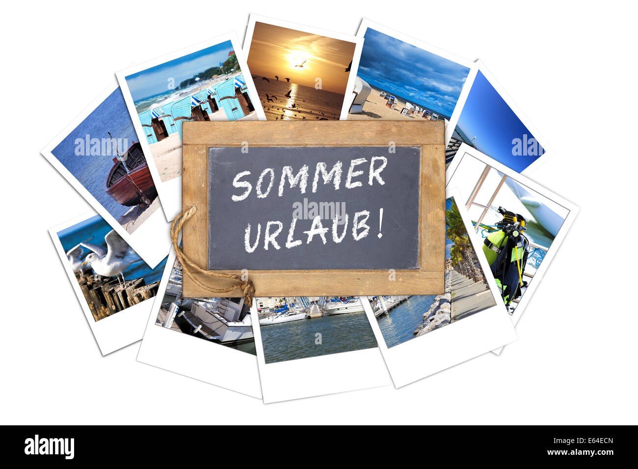 Old slate blackboard with the text message in Germans words: SOMMER URLAUB lies on a stack of many Vacations instant pictures is Stock Photo