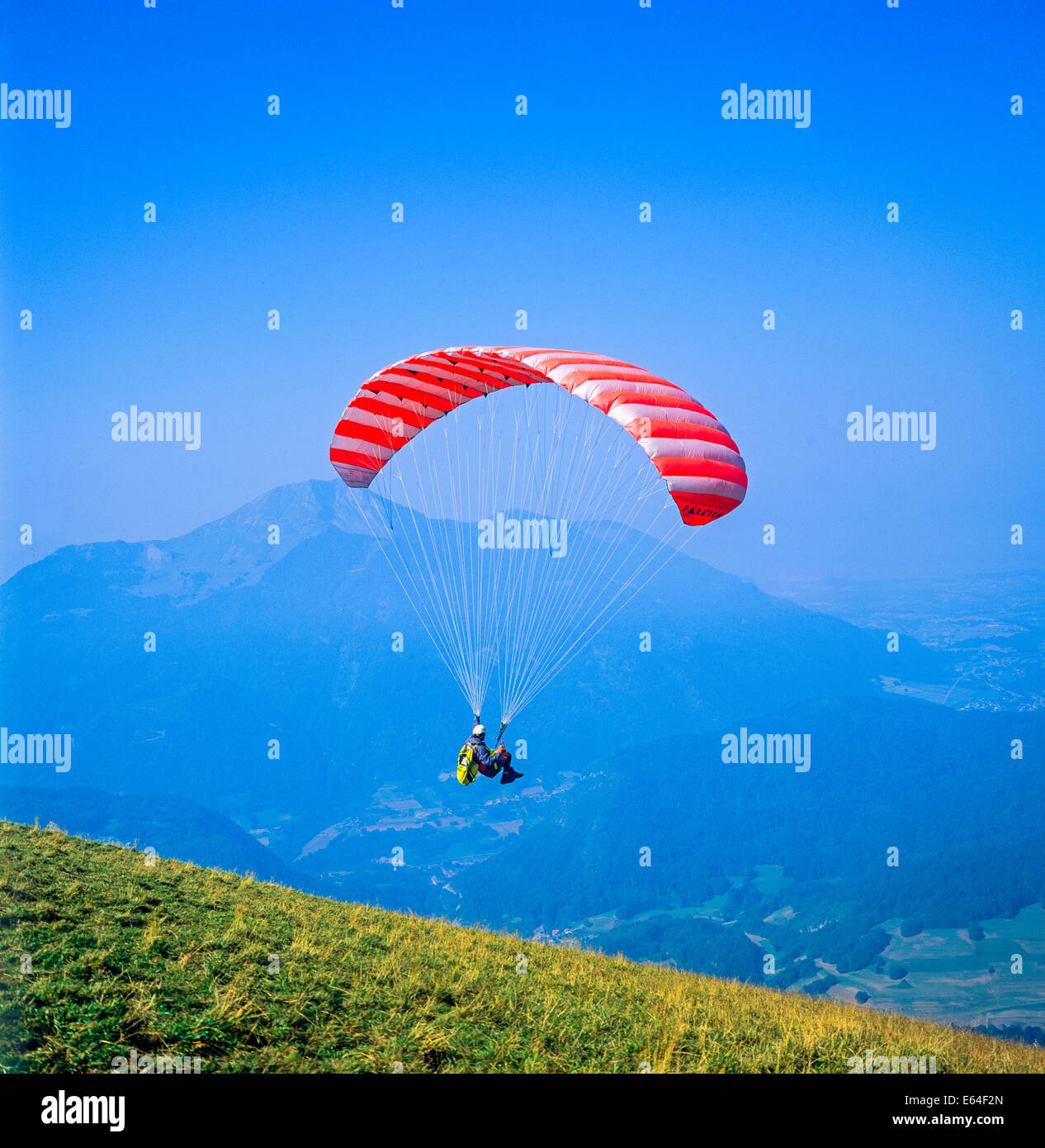Paraglider in flight Les Gets Savoy French Alps France Stock Photo Alamy