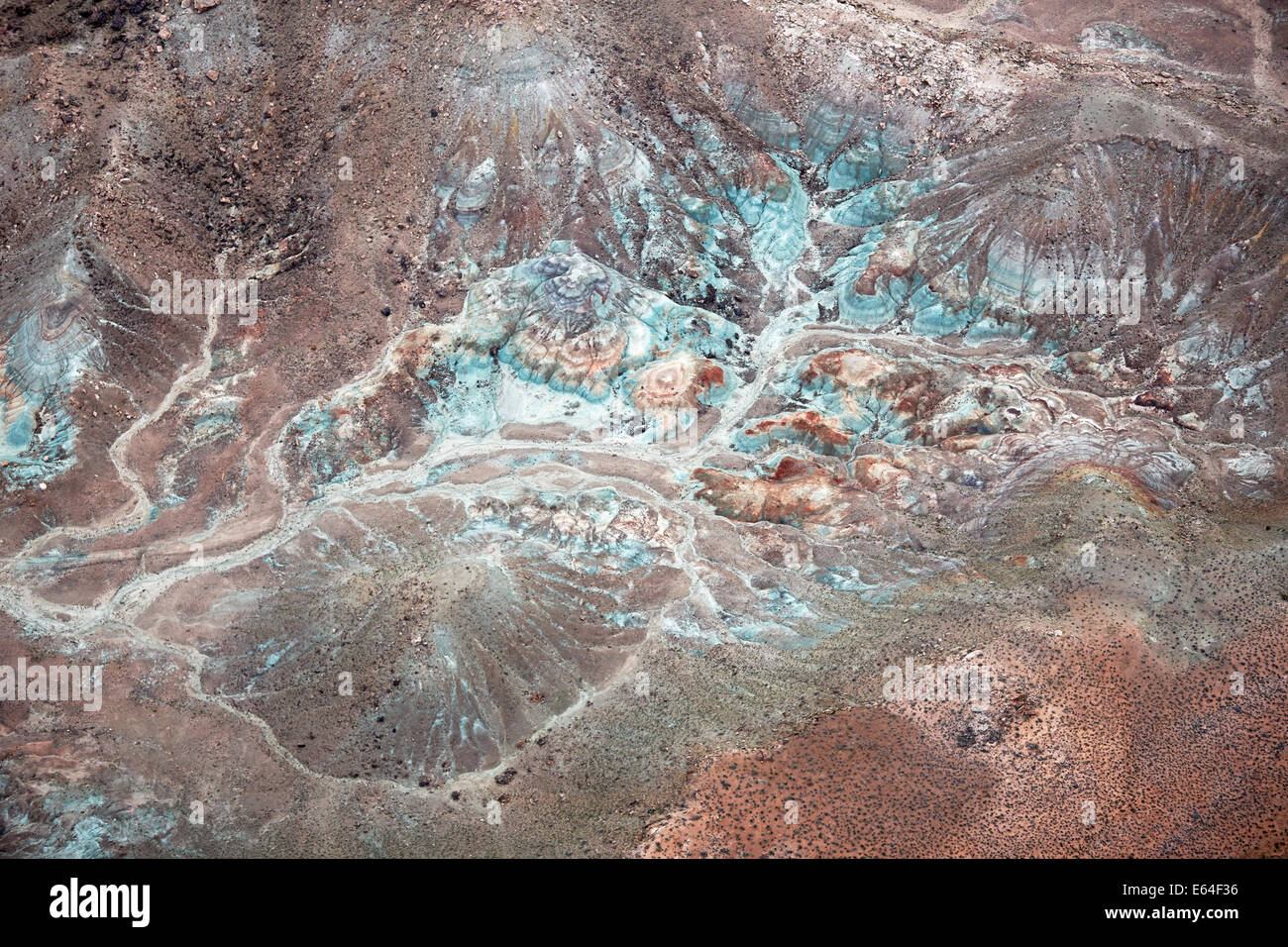 Aerial view of a mineral vein rich with iron oxide in a desert area near Moab, Utah, USA. Stock Photo