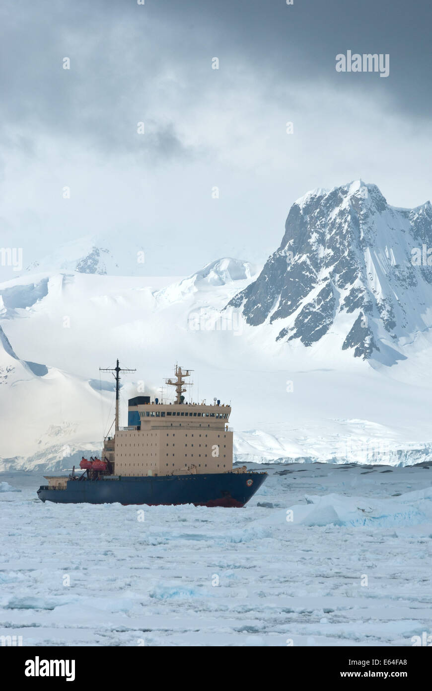 icebreaker which floats on the frozen Strait spring Antarctic Stock Photo