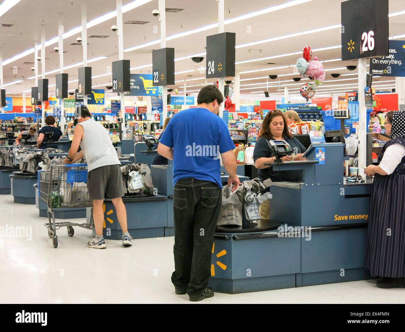Cashier Check out Stands, Walmart Discount Department Store, USA Stock Photo
