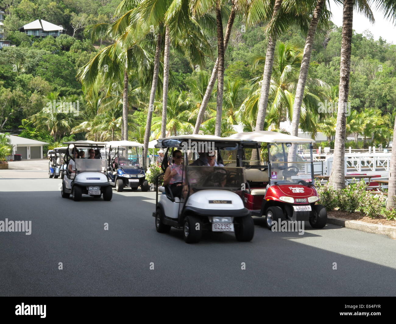 Golf Buggy's on Hamilton Island, Whitsunday Islands, Australia. Stock Photo