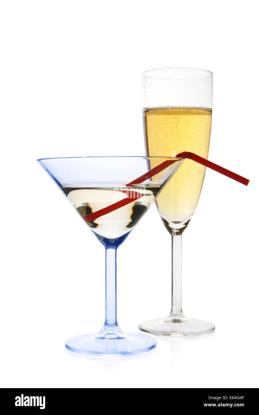 Champagne and martini glasses isolated over white background Stock
