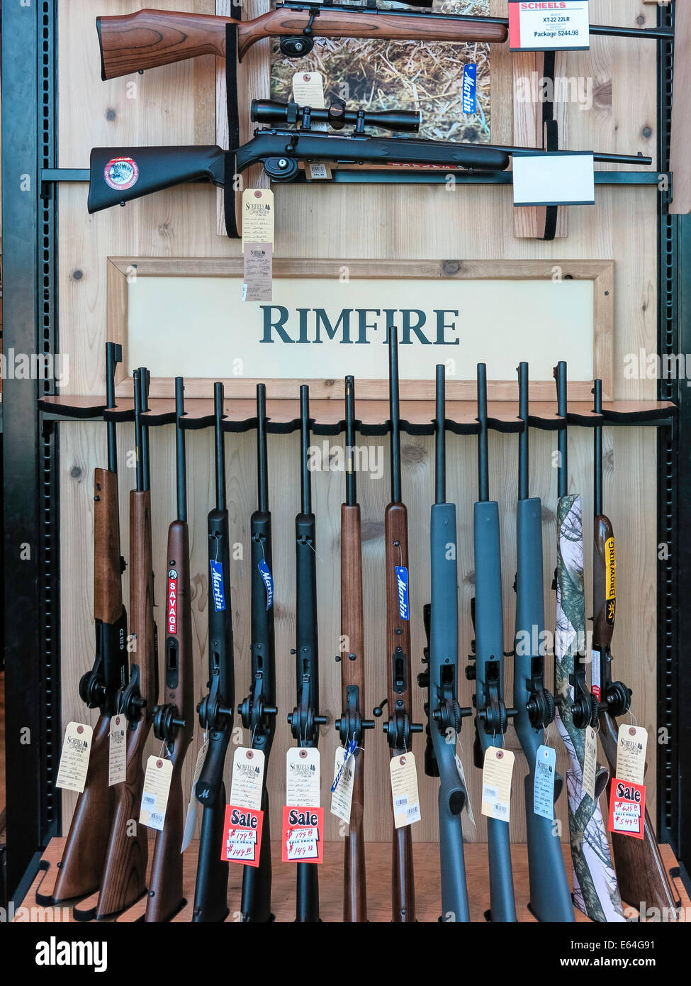 Rimfire Brand Rifles, Gun Section, Scheels Sporting Goods Store, Great Falls, Montana, USA Stock Photo
