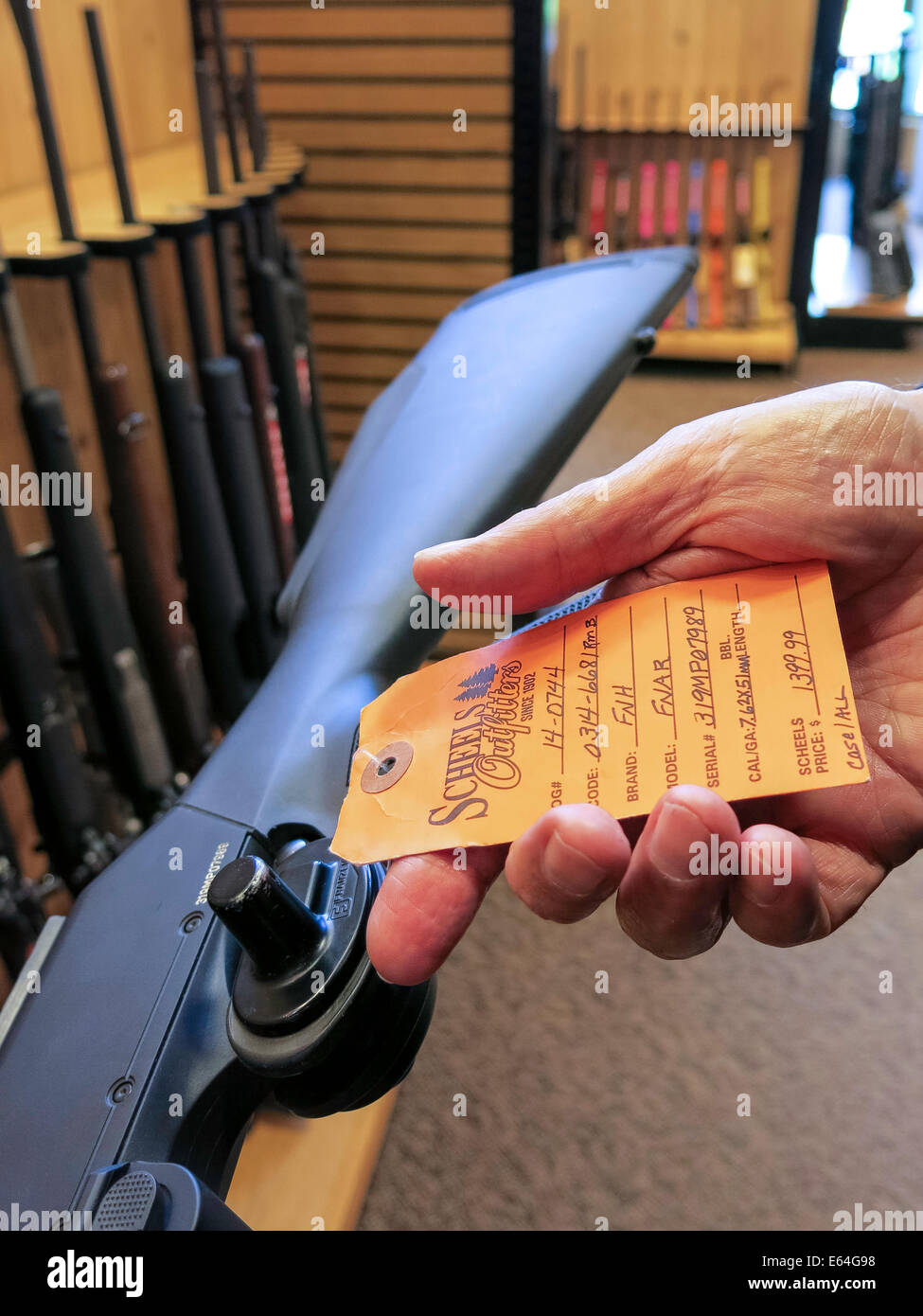 Price Tag, Hunting Rifle, Gun Aisle, Scheels Sporting Goods Store, Great Falls, Montana, USA Stock Photo