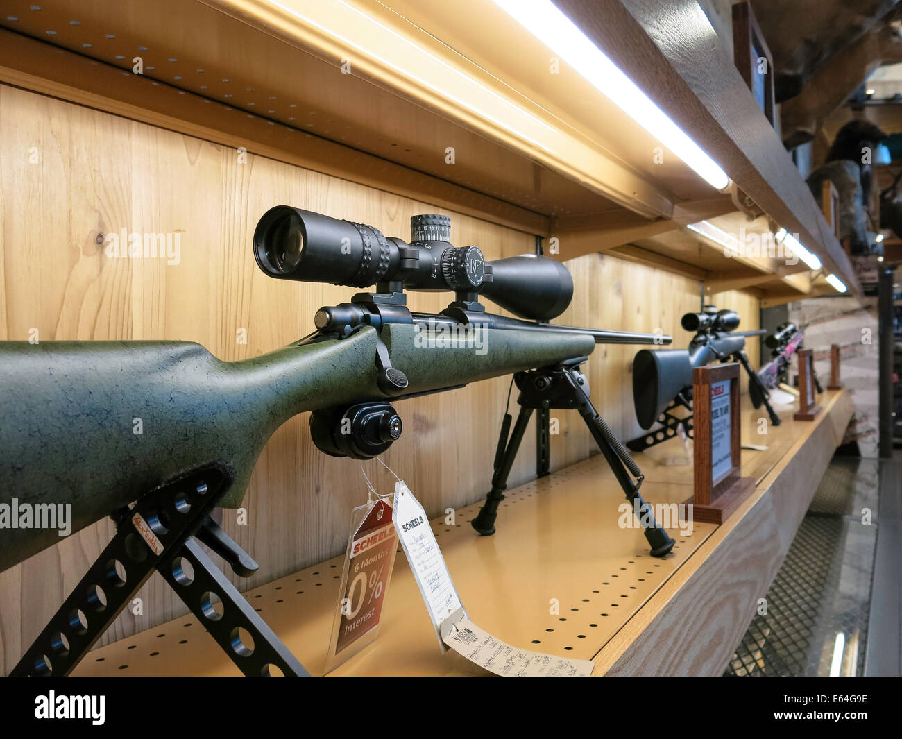 Hunting Rile with Scope and Tripod, Scheels Sporting Goods Store, Great Falls, Montana, USA Stock Photo