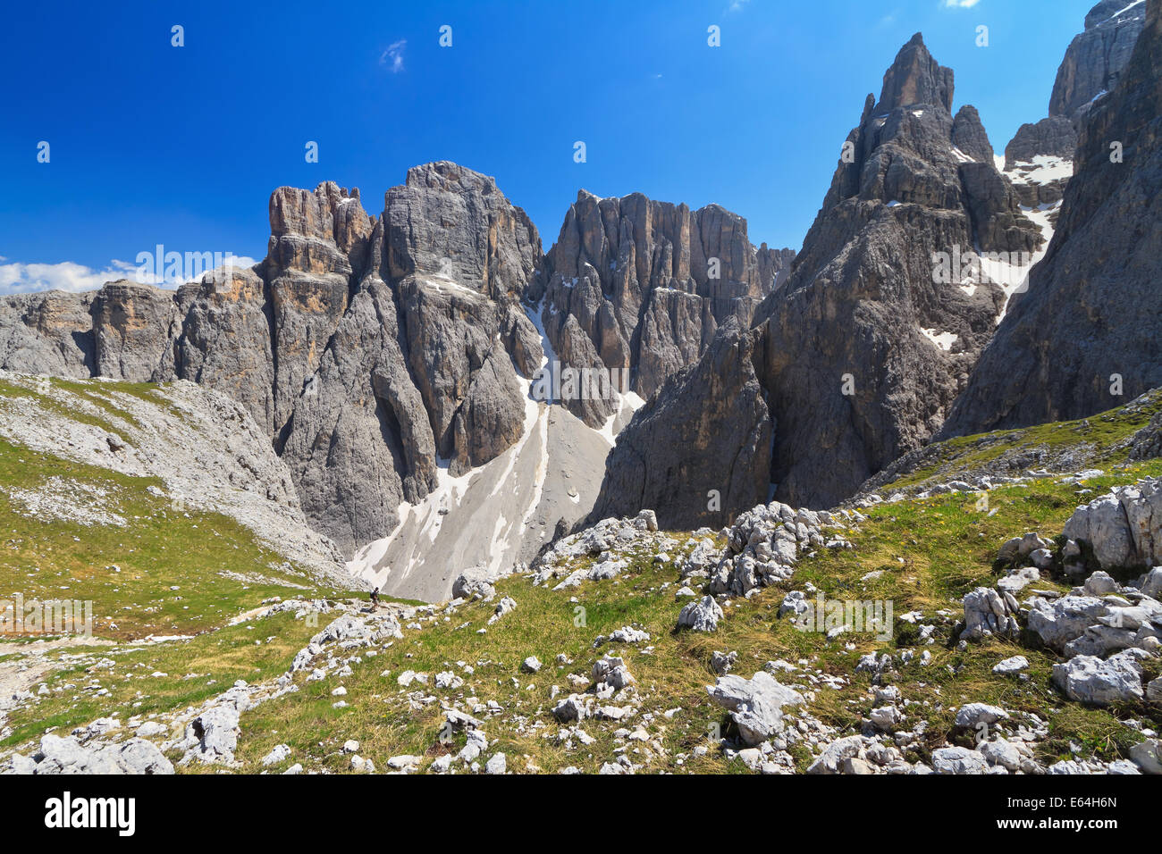 summer landscape in Sella mountain, on background Piz da Lech peak and Mezdi valley, Alto Adige, Italy Stock Photo