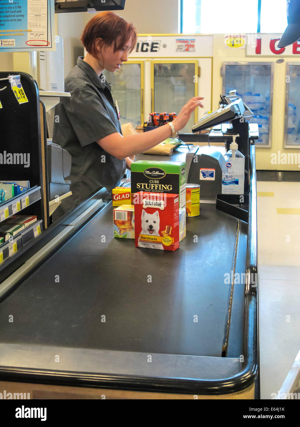 Groceries at Check Out Stand with Cashier, Smith's Grocery Store, Great
