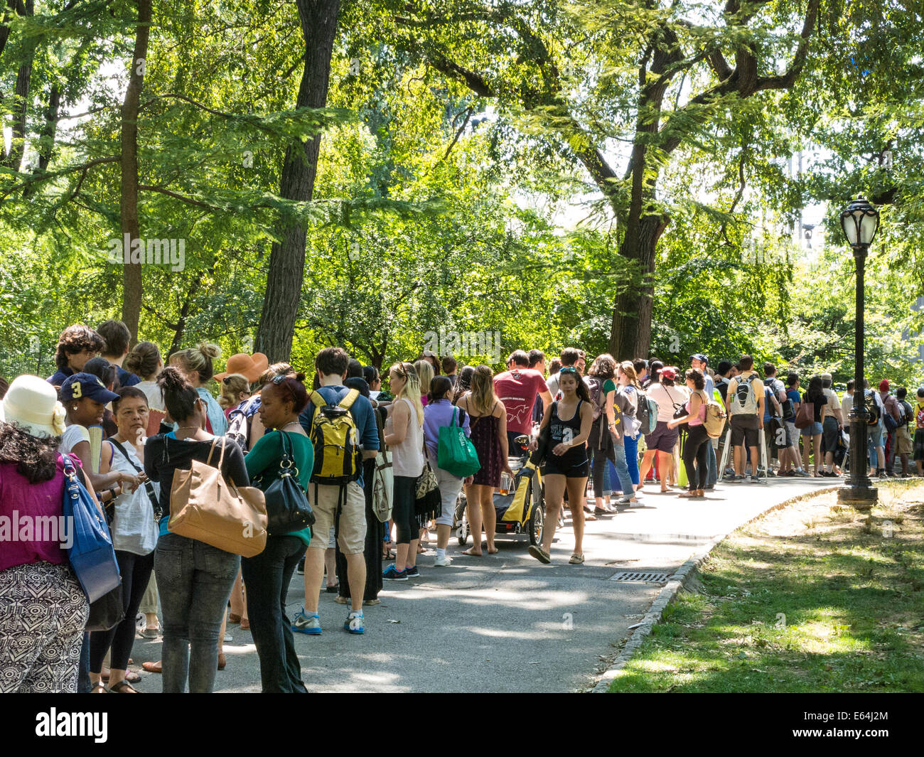 Free Ticket Lines at the Delacorte Theater in Central Park, NYC Stock Photo