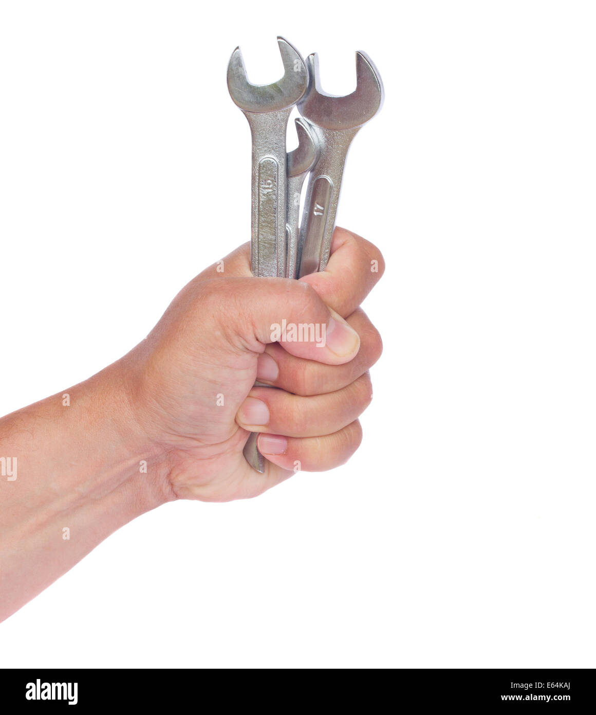 hand holding set of wrenches Stock Photo Alamy