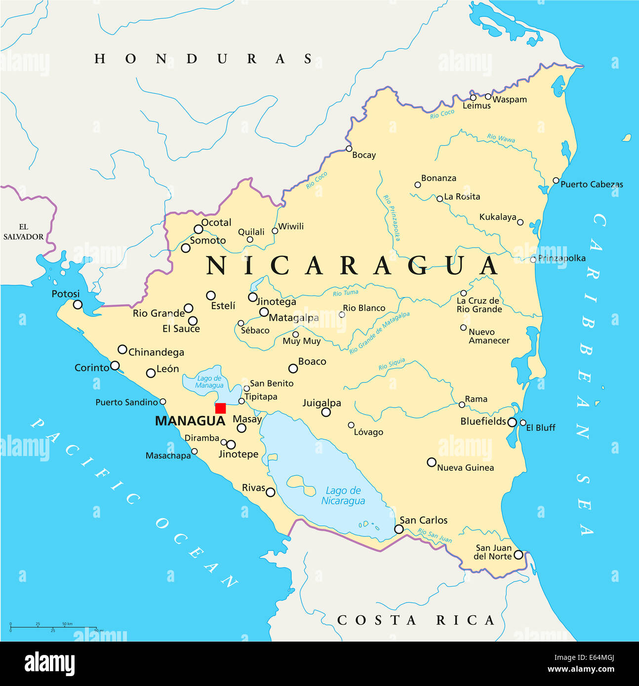 Nicaragua Political Map Stock Photo