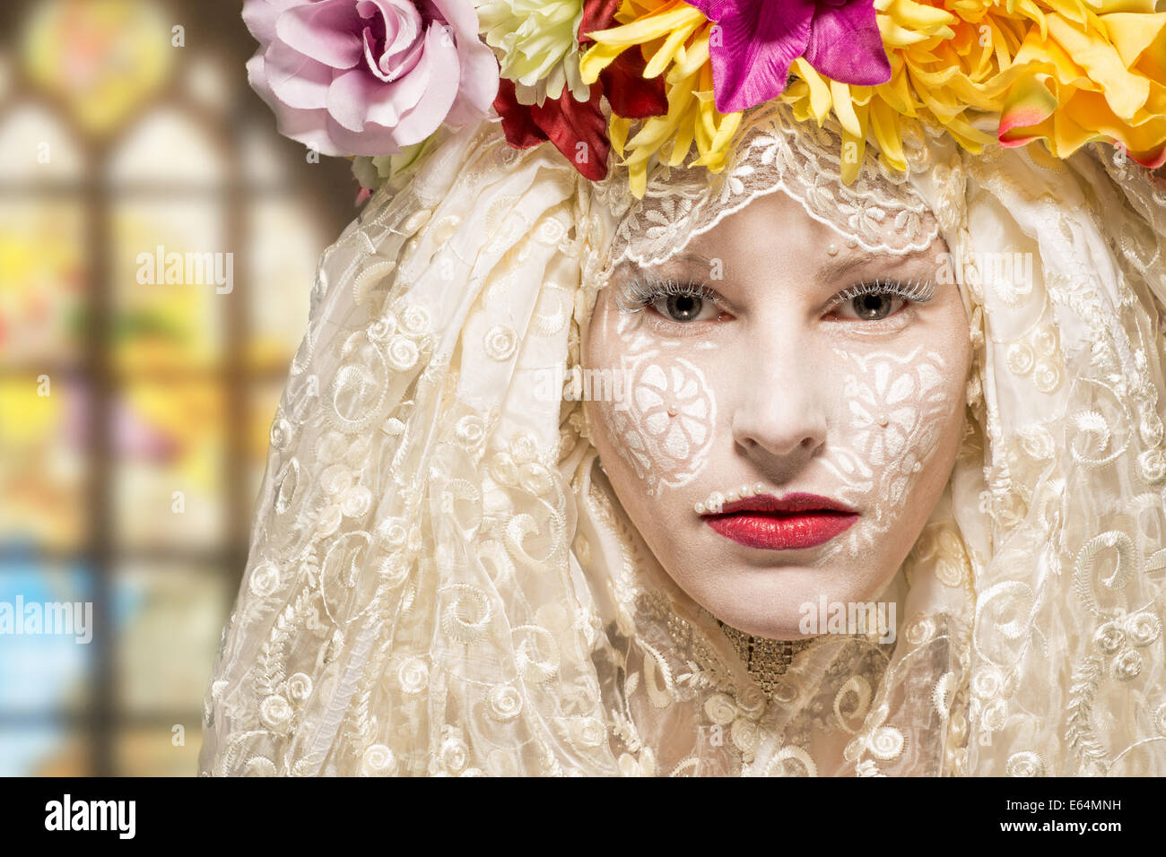 Mysterious woman in lace and flowers Stock Photo