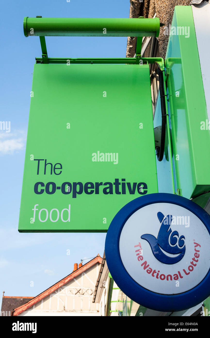 Co-operative Food and National Lottery signs. Theale, Berkshire, England, GB, UK. Stock Photo
