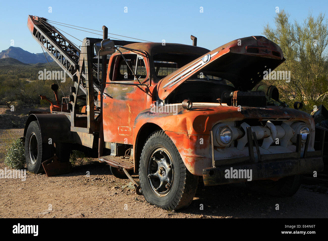 Abandoned Old Broken Down Tow Truck in Goldfield Ghost Town, Apache Junction, Arizona Stock Photo