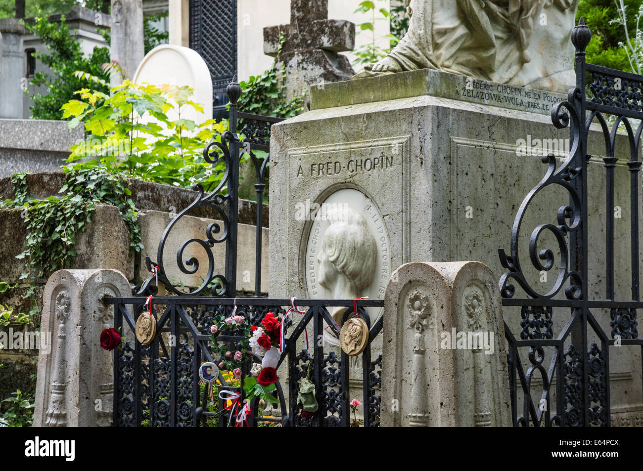 Tomb of Polish composer Frederic Chopin in Pere Lachaise Cemetery Paris, France Stock Photo