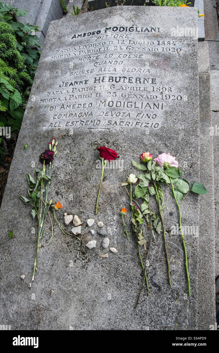 Grave of Amedeo Clemente Modigliani and Jeanne Hebuterne in Pere Lachaise Cemetery Paris, France Stock Photo