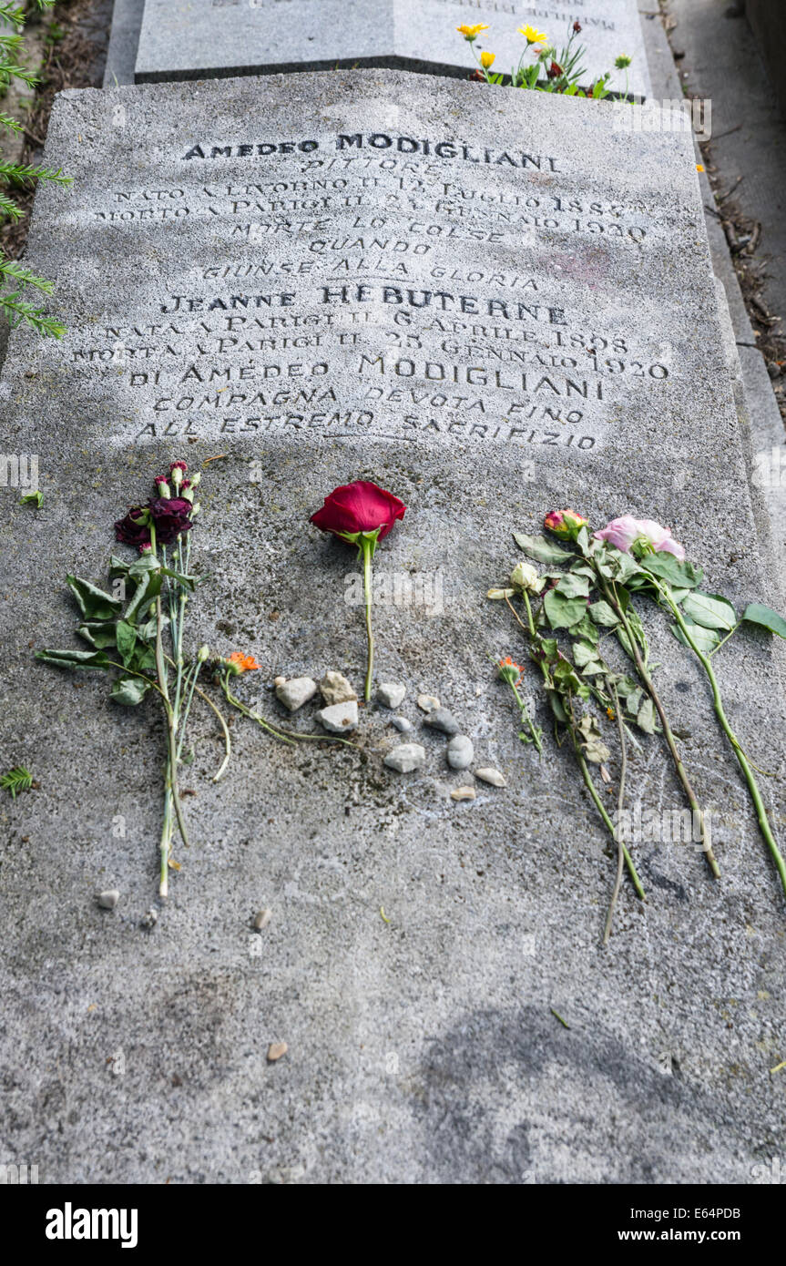 Grave of Amedeo Clemente Modigliani and Jeanne Hebuterne in Pere Lachaise Cemetery Paris, France Stock Photo