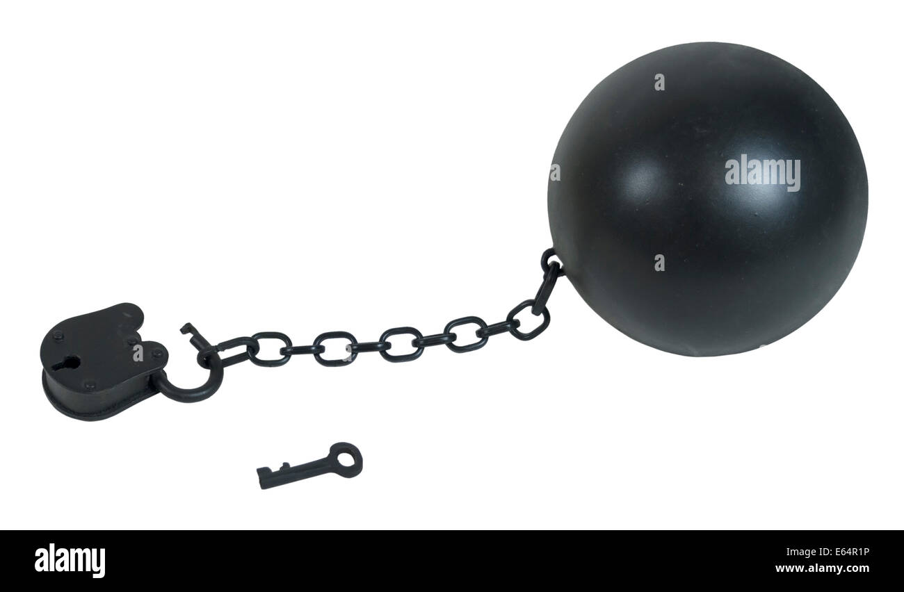 Padlock and key with large metal ball and chain made to hamper movement