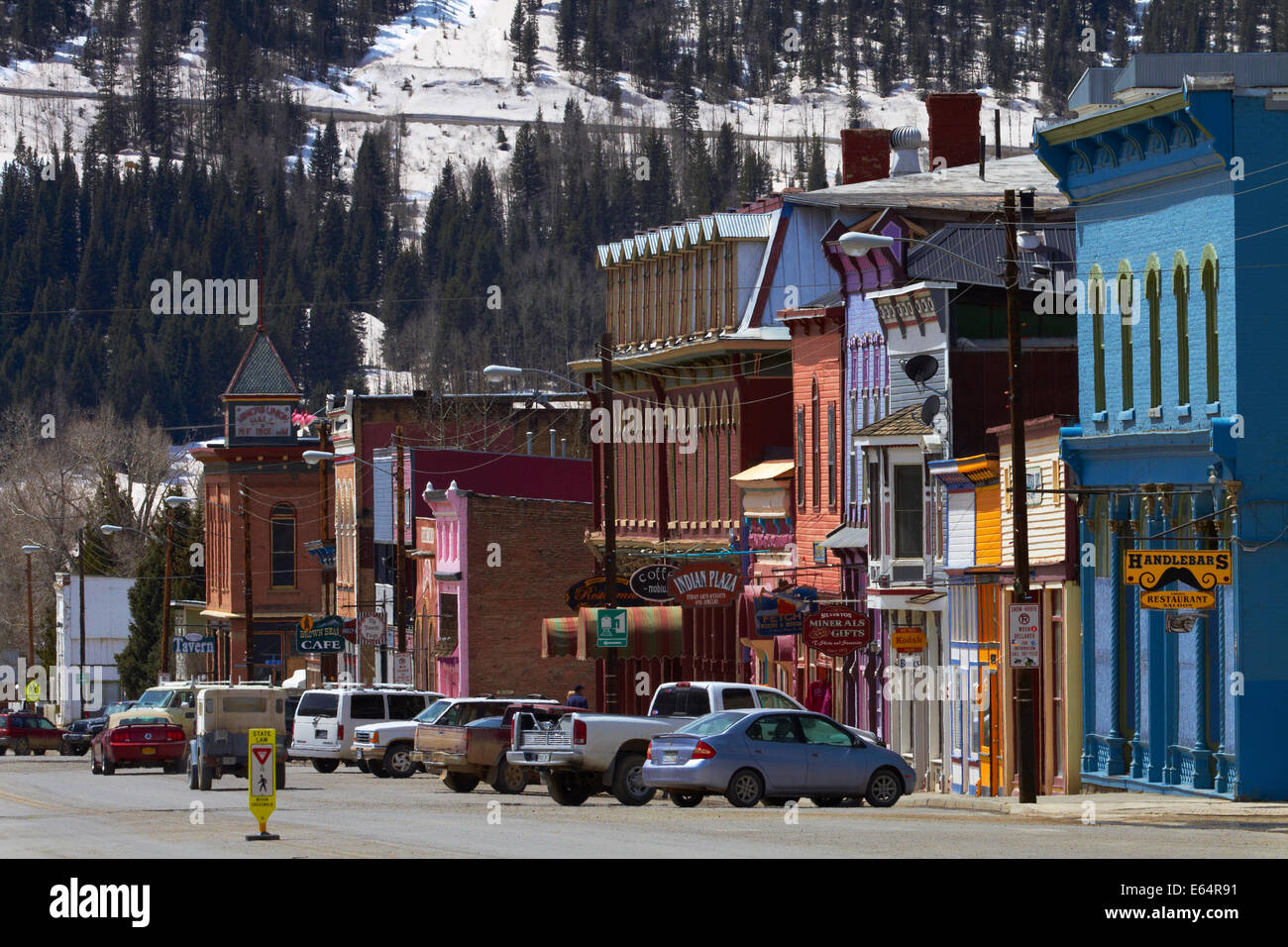 The historic mining town of Silverton, at an altitude of 9,305 ft / 2,836 m, in the San Juan Mountains, Colorado, USA Stock Photo