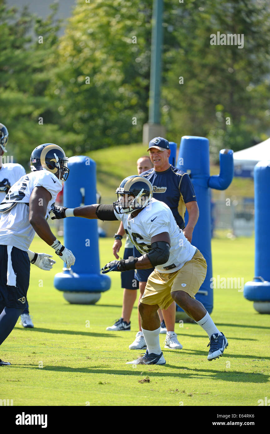 Earth City, Missouri, USA. 14th Aug, 2014. St. Louis Rams defensive end Michael Sam (96) during afternoon practice at Russell Training Center in Earth City, Missouri. Credit:  Gino's Premium Images/Alamy Live News Stock Photo
