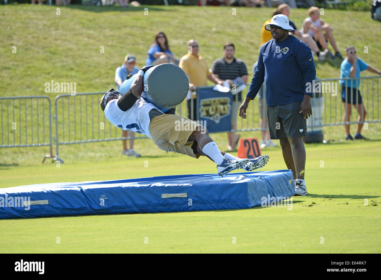 Earth City, Missouri, USA. 14th Aug, 2014. St. Louis Rams defensive end Michael Sam (96) during afternoon practice at Russell Training Center in Earth City, Missouri. Credit:  Gino's Premium Images/Alamy Live News Stock Photo