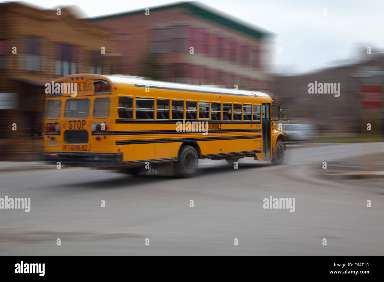 Yellow school bus, Ridgeway, San Juan Mountains, Colorado, USA Stock Photo